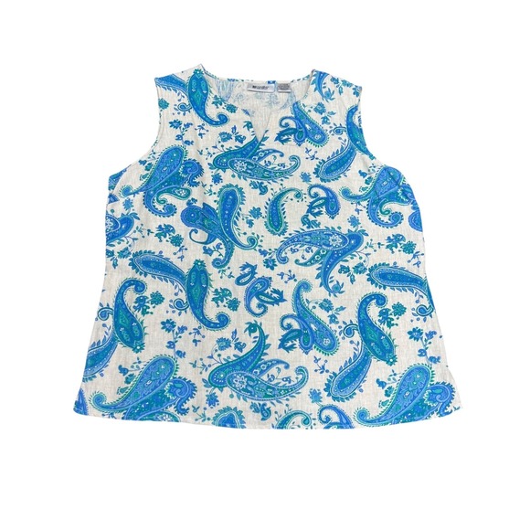 Women's 100% linen blue green taupe paisley sleeveless top bust darts summer - Picture 8 of 8